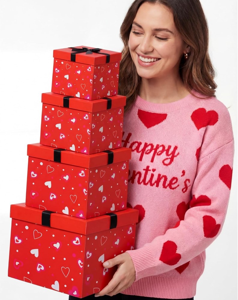 Epakh 4 Pcs Valentine's Day Nesting Gift Boxes with Lids Black Red Hearts Stacki