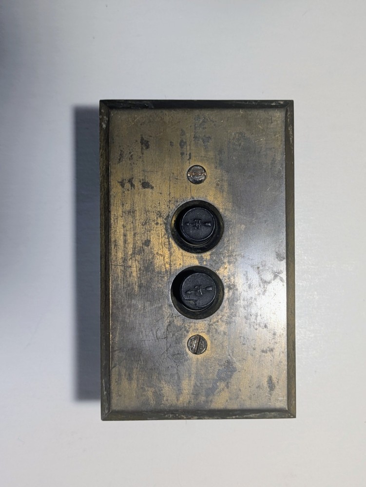 2 BRASS PUSH BUTTON SINGLE POLE LIGHT SWITCHES WITH PORCELAIN INSERTS