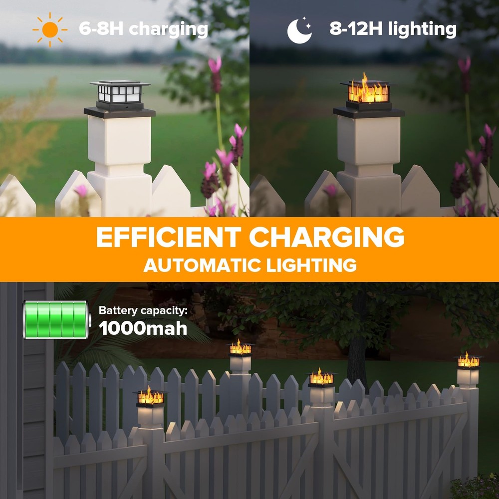 LUTEC 8 Pack Solar Post Cap Lights, IP65 Waterproof Flame 8 Pack, Black