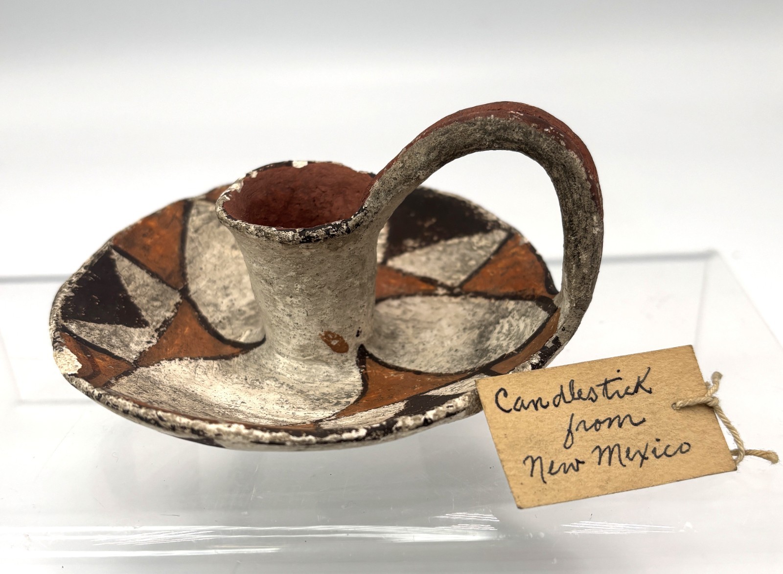 Antique Acoma Pueblo Pottery  Candle Stick Holder w/ Old Tag Early 20th Century