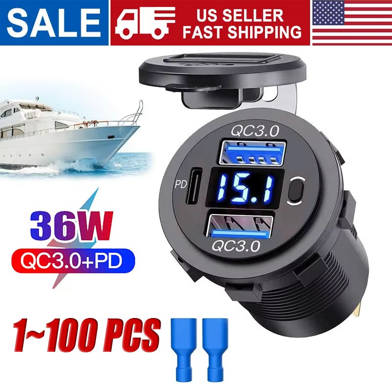 12V-24V PD+QC3.0 Dual USB Car Fast Charger Power Socket Outlet LED Voltmeter LOT