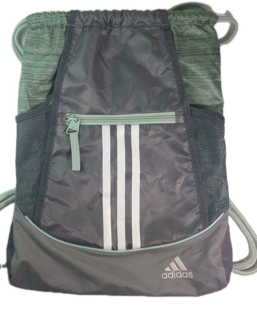 Adidas Gym Bag Backpack Gray & Mint BookBag Work Out Draw String Pockets