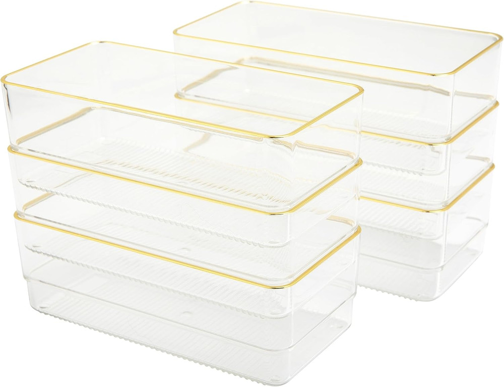 Kerry Plastic Stackable Office Desk Drawer Organizers, 6" X 3", 6 Pack, with Gol