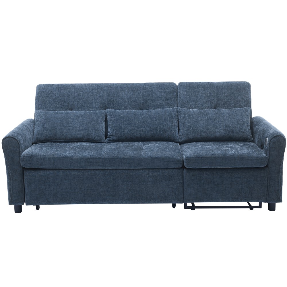 82" Blue Chenille Sofa Bed w/ Reversible Recliner, Adjustable Backrest, USB