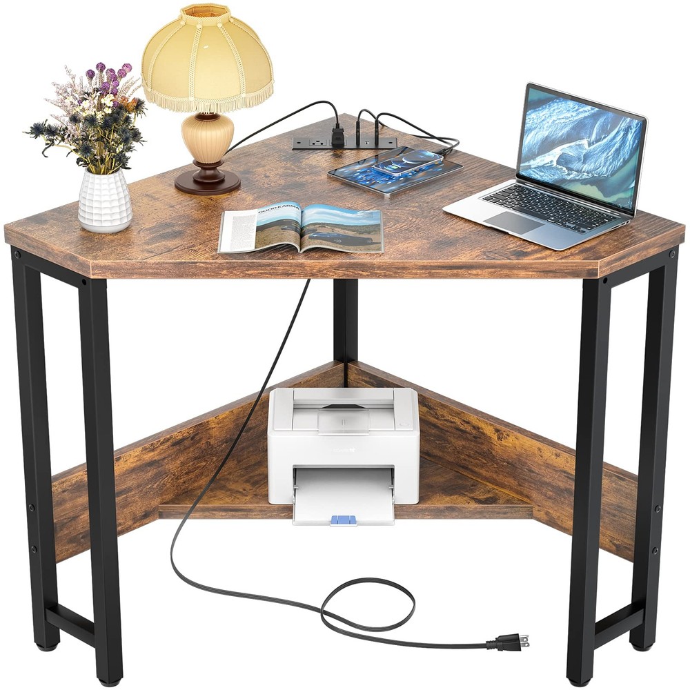 Corner Small Desk with Outlets Corner Table for Small Space Industrial Comput...