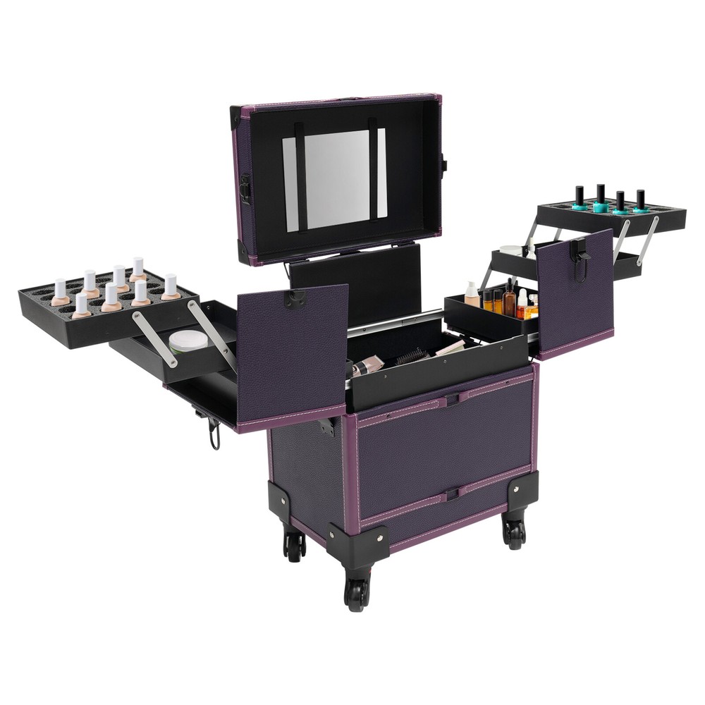 Makeup Train Case Professional Rolling Cosmetic Case with Mirror Travel Trolley