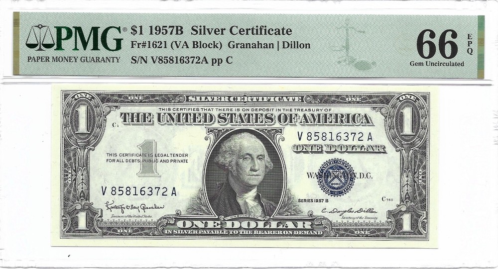 1957B $1 SILVER CERTIFICATE, PMG GEM Uncirculated 66 EPQ. V/A Block