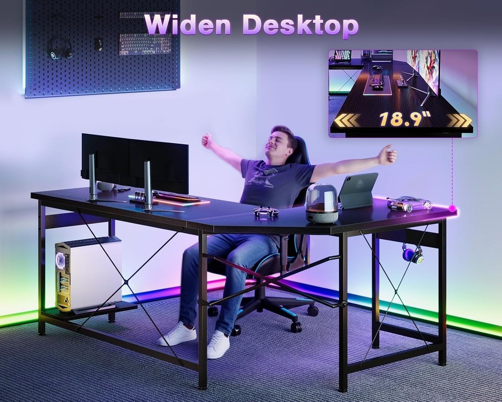 Home Office L Shape Corner Computer Desk Gaming PC Table with CPU Stand Side Bag