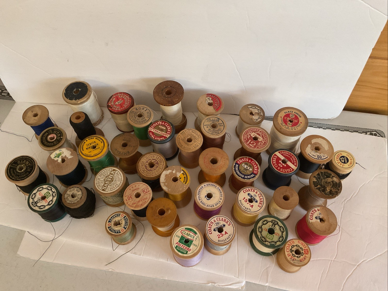 Vintage Lot of 40 Wooden Sewing Thread Spools Crafts Various Brands Full Partial
