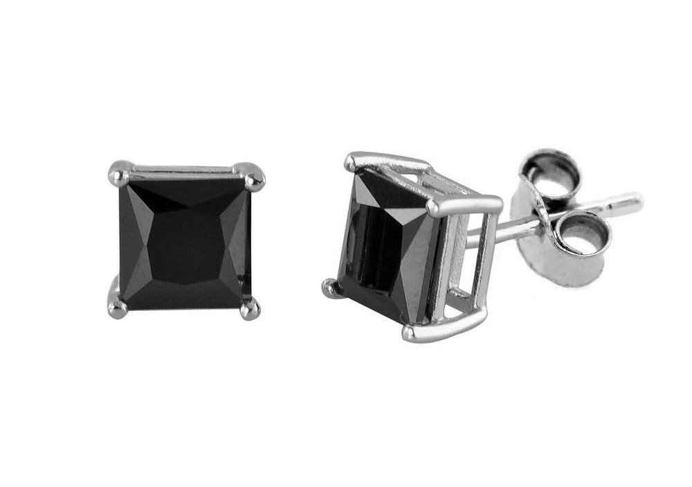 925 Solid Sterling Silver Black Onyx Square Basket Stud Earrings