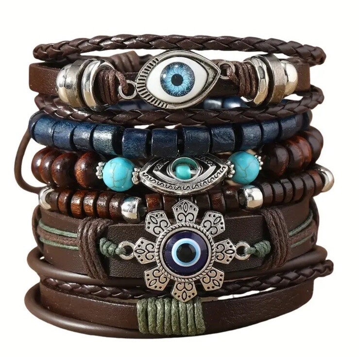 6 PC Leather Punk Bracelet Stackable Adjustable Tie New Free Ship B2792