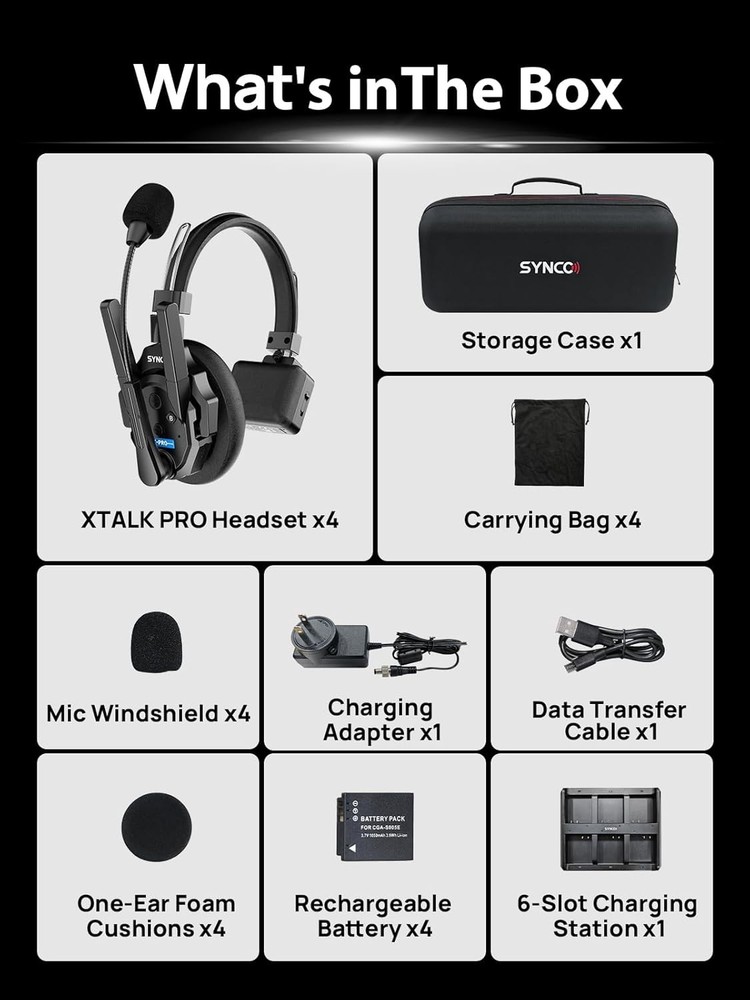 SYNCO XTALK XPRO Wireless Intercom Headset System 24H Battery 500m/1640ft Range
