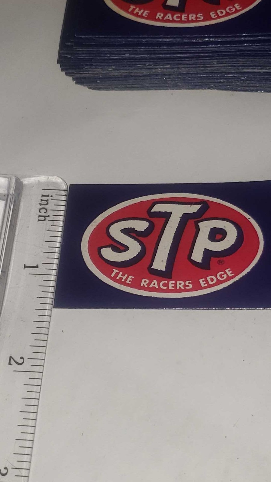 (2) Vintage STP “The Racer’s Edge” Paper-Backed Stickers - Small 1.5 X 2.25