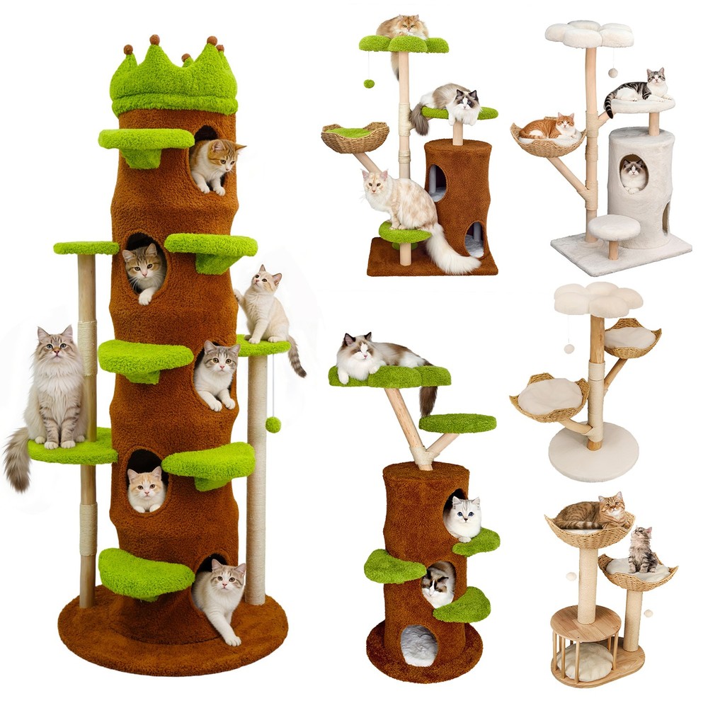 Cat Tree Tower for Large Cats Solid Wood Scratching Post with Basket Condo Perch