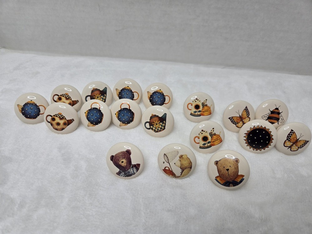 Set 18 Vintage 1 1/2" Round Porcelain Drawer Pull Knobs, bears, bee, kettle