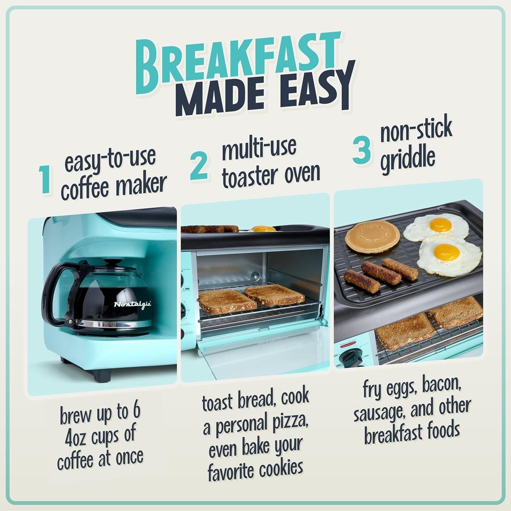 3-in-1 Breakfast Station - Includes Coffee Maker, Non-Stick GriddleAqua