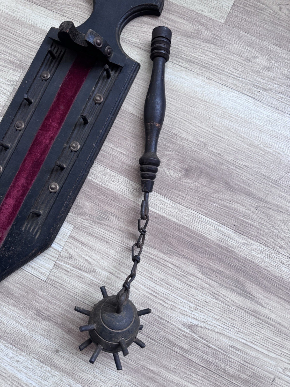 1960 Medieval Mace & Flail Wall Decor Wood Plaque Removable Weapon Vintage