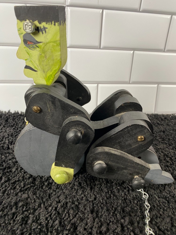 Frankenstein Wooden Pull Toy Halloween Decor Hand Painted OOAK Chain Bolt Pull
