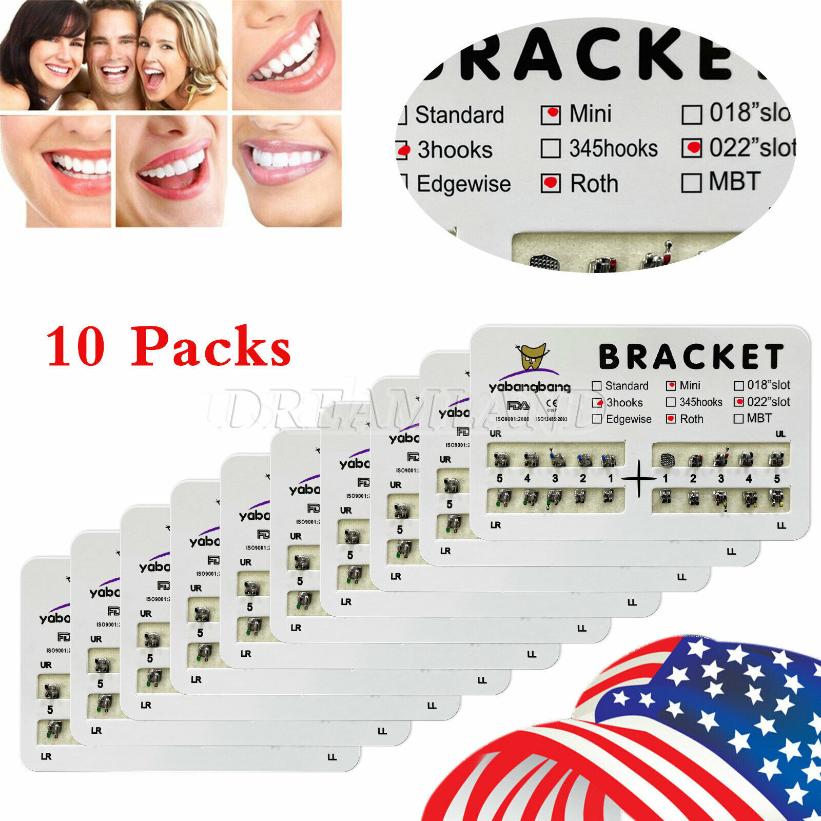 10 Packs Dental Orthodontic Brackets Braces Mini Roth 022 Slot 3 hooks #3 USA CE