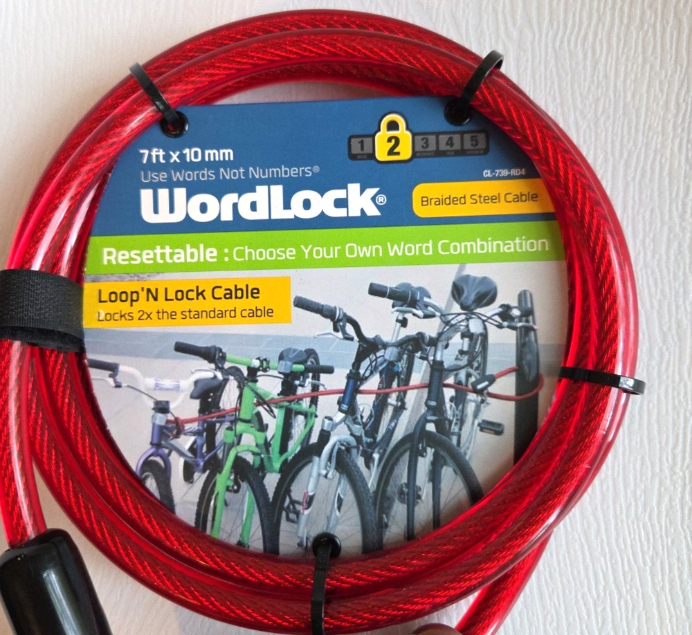 NWT Wordlock Red Resettable Loop N Lock Cable 7ft for Multiple Bikes