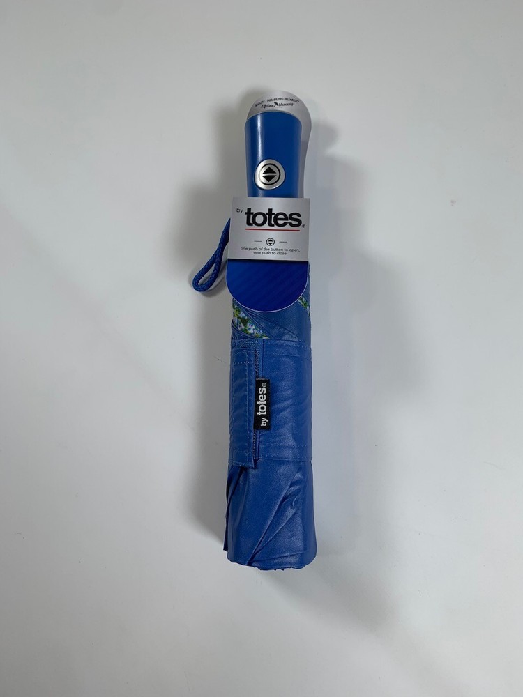 Totes Blue Floral Push Button Umbrella 43" Coverage NEW! NWT