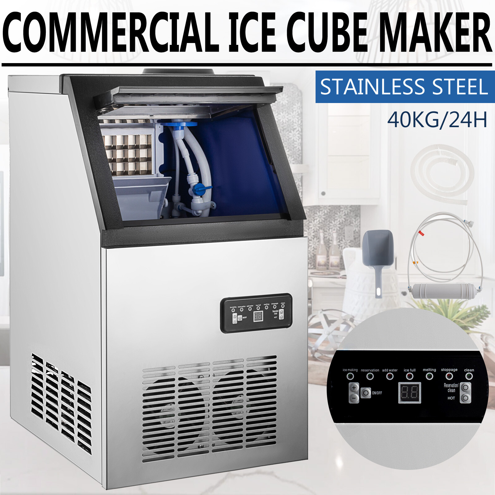 90 LBS/24H Commercial Ice Maker Built-in Freestand Ice Cube Machine Coutertop
