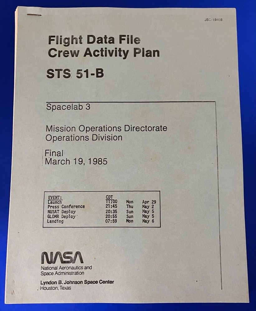 STS-51-B NASA SPACE SHUTTLE FLIGHT DATA FILE CREW ACTIVITY PLAN SPACELAB 3