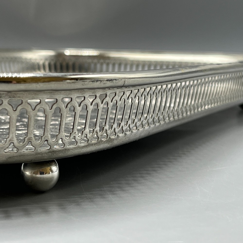 Large Vintage Silver Plated Rectangular Gallery Tray Footed Long Cocktail Drinks