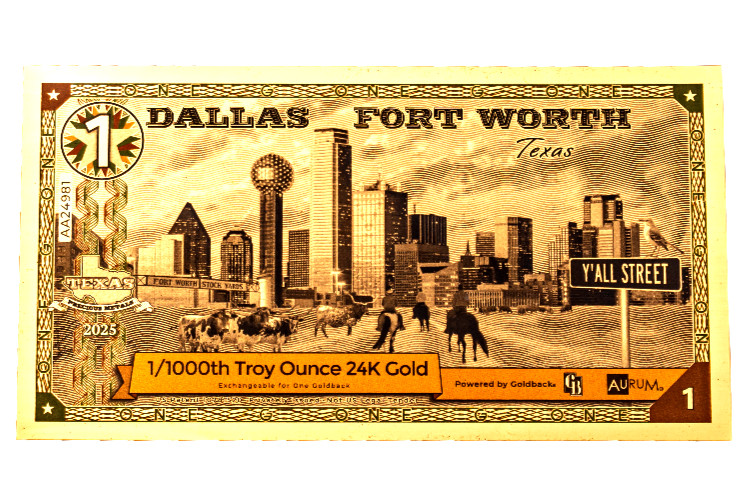 1 DALLAS FORT WORTH TEXAS GOLDBACK AURUM 24K GOLD NOTE 1/1000 OZ .999 GOLD BU
