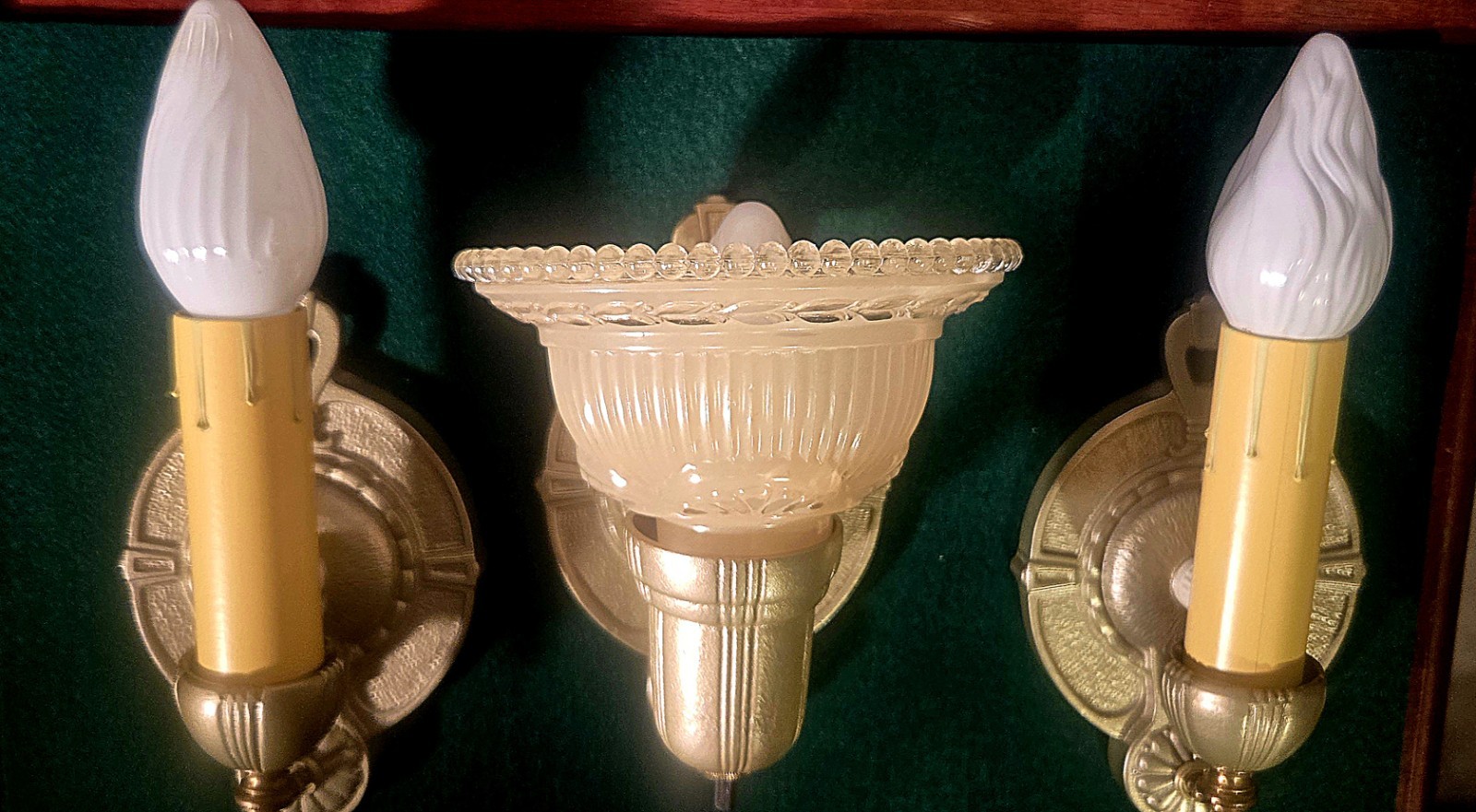 Trio Antique 1930's Markel Slip Shade Candle Wall Sconces Restored Cast Iron