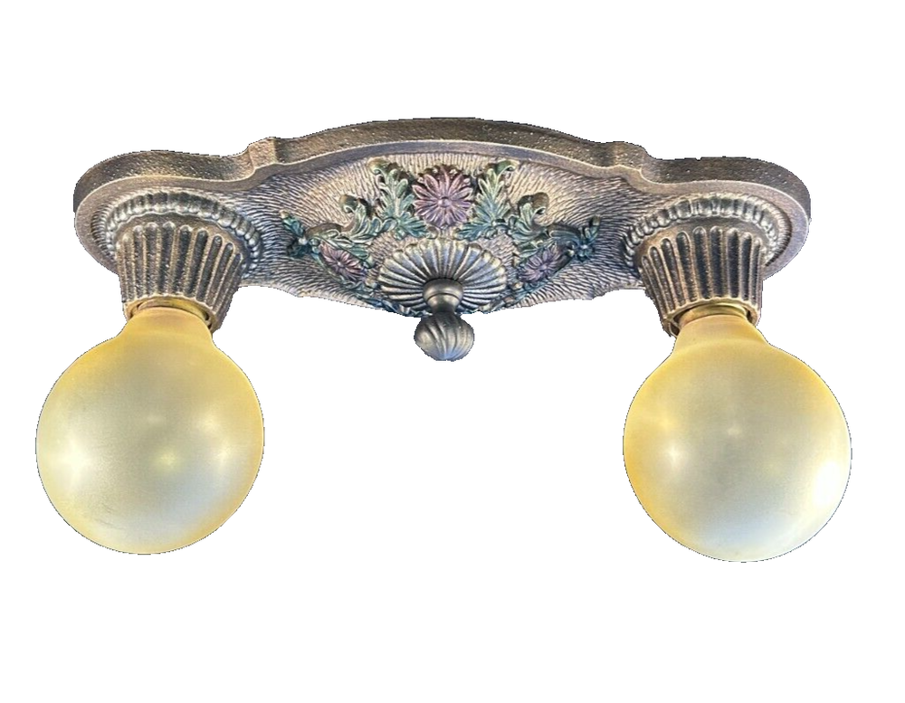 1920-30s cast Iron 2 light flush mount light fixture