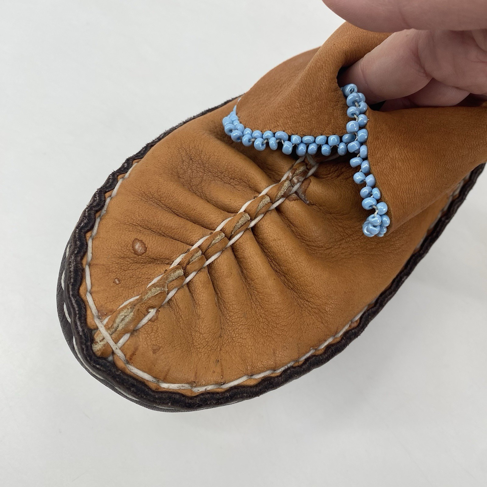 Brown Leather Handmade Center Seam Moccasins Native American Adult Beadwork