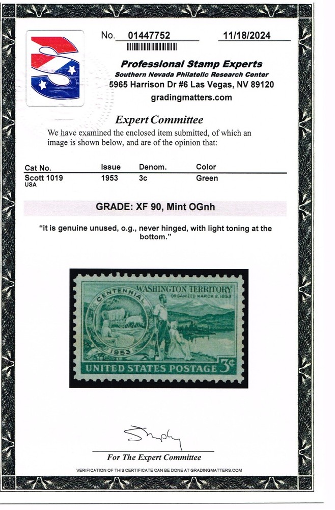 EXCEPTIONAL SCOTT #1019 MINT PRISTINE ORIGINAL GUM NH - PSE CERT GRADED XF-90