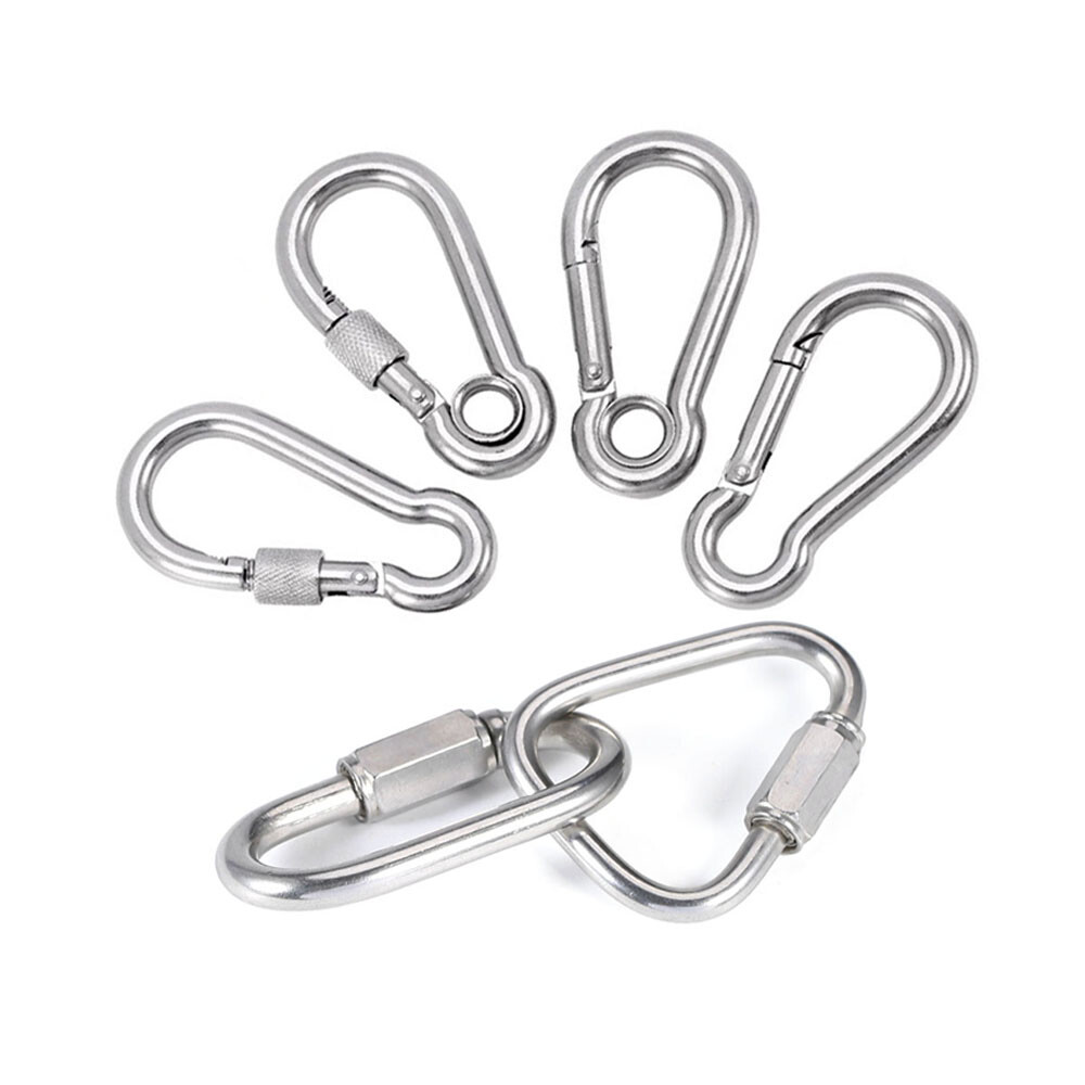 Stainless Steel Carabiner Quick Locking Spring Hook Snap Clips Eyelets Rope Lock