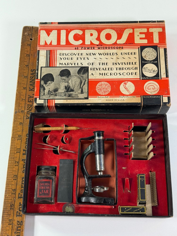 Antique 1920s 30s Microset Toy Microscope set w/ box science