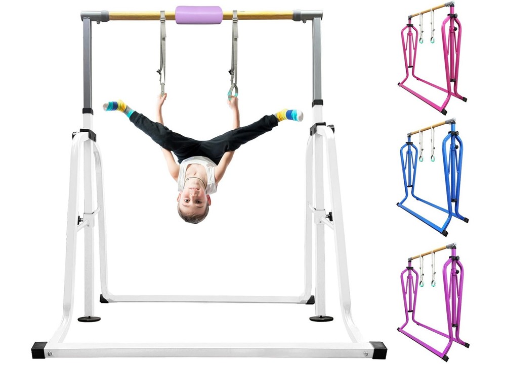 Foldable & Moveable Gymnastics Horizontal Bar with Rings,3’to 5’Adju