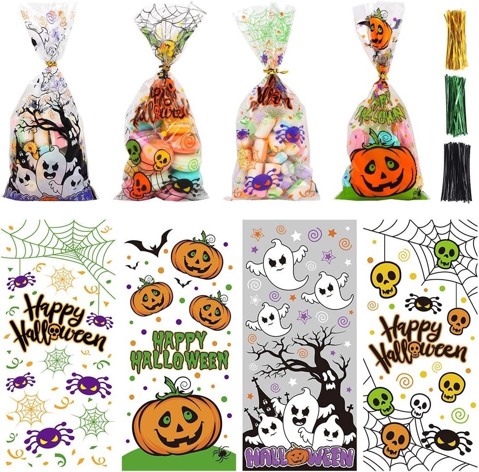 Bolsas de Celofán para Halloween, 200 Bolsas Transparentes para Dulces y Galleta