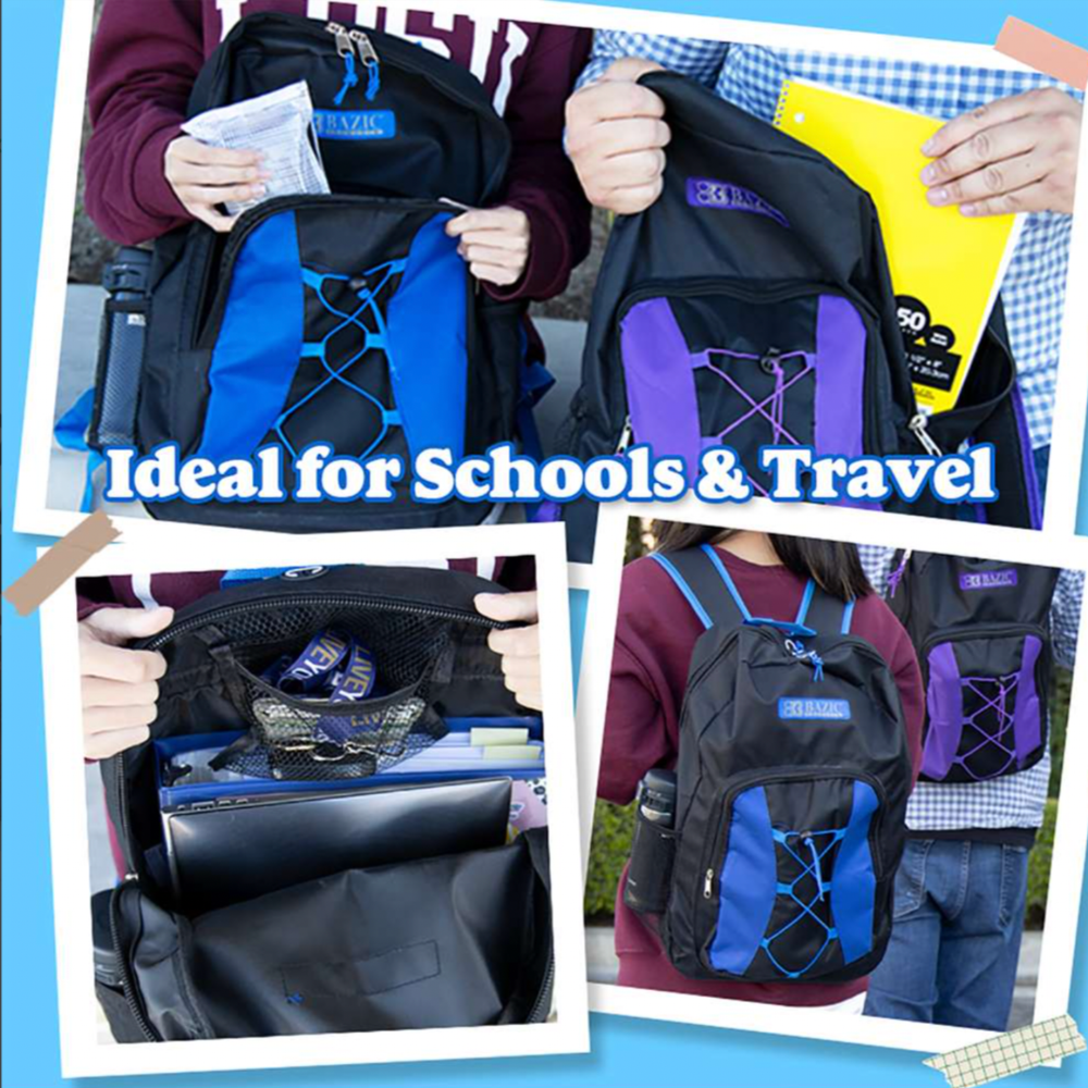 17" Bungee Backpack, Double Zipper, Durable, Assorted Colors
