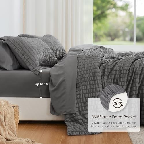 Seersucker King Size Comforter Set, 7-Piece All King (102"X90") Dark Grey