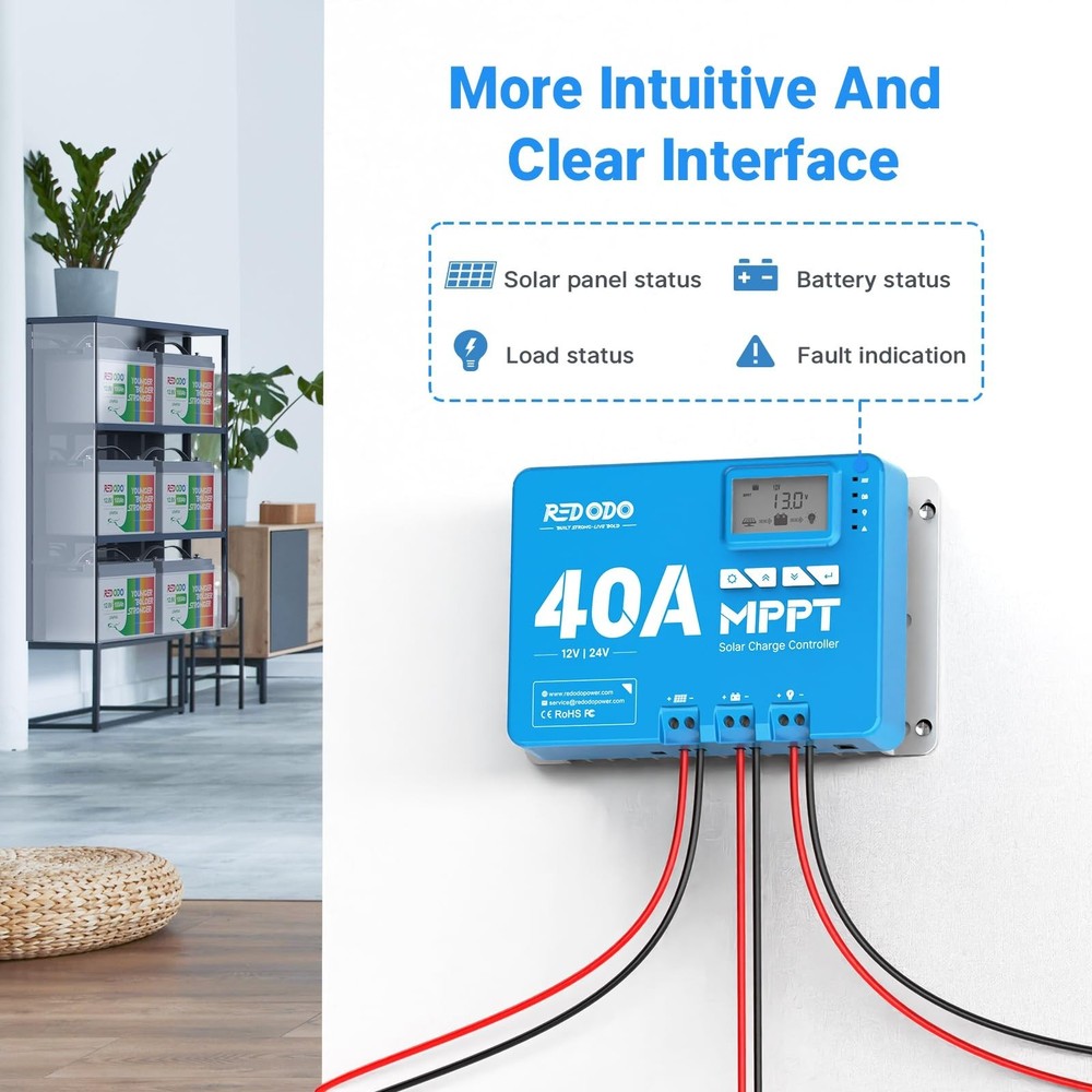 Redodo 40 Amp MPPT 12V/24V DC Input Solar Charge Controller with Built-in Blu...