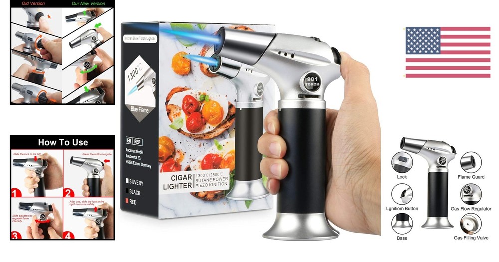 Compact Culinary Blow Torch with Lock Flame - Ideal for Baking & Searing