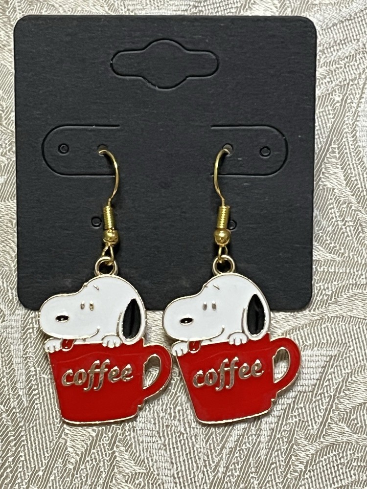 Snoopy Coffee Gold Loop Enamel Drop Dangle Adorable Boho Trendy Earring Set