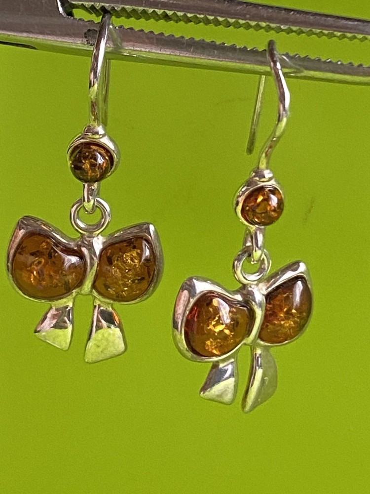 Серьги винтаж серебро, 925 проба, Камень Янтарь, Бантики