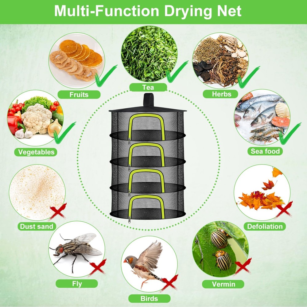 4 Layer Herb Drying Rack, Hanging Mesh Net, Foldable Plant Drying Rack With U...