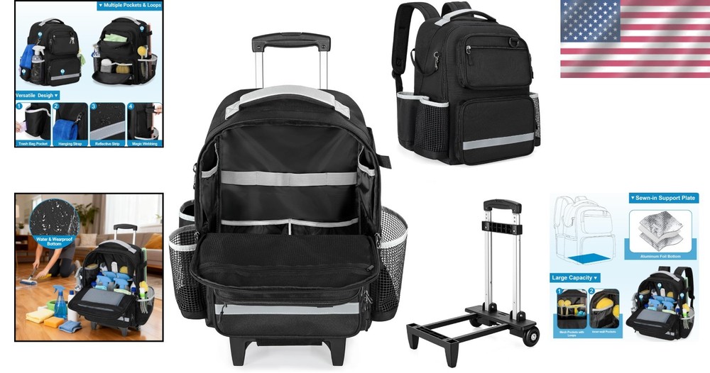 Versatile Cleaning Caddy Backpack with Waterproof Base & 6 Compartment Storage