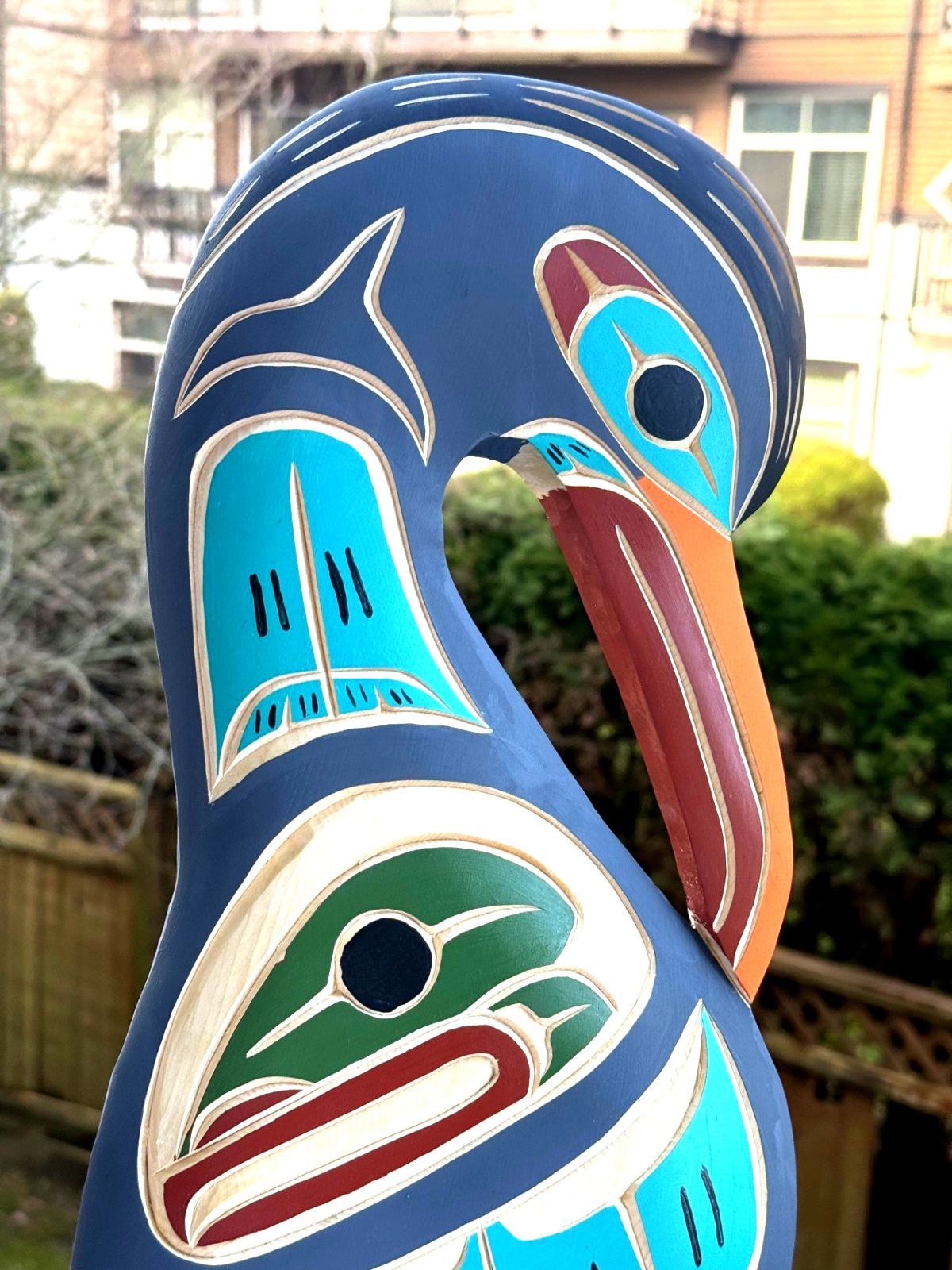 Northwest Coast Native Huge Detailed Yellow Cedar Baby Heron with salmon