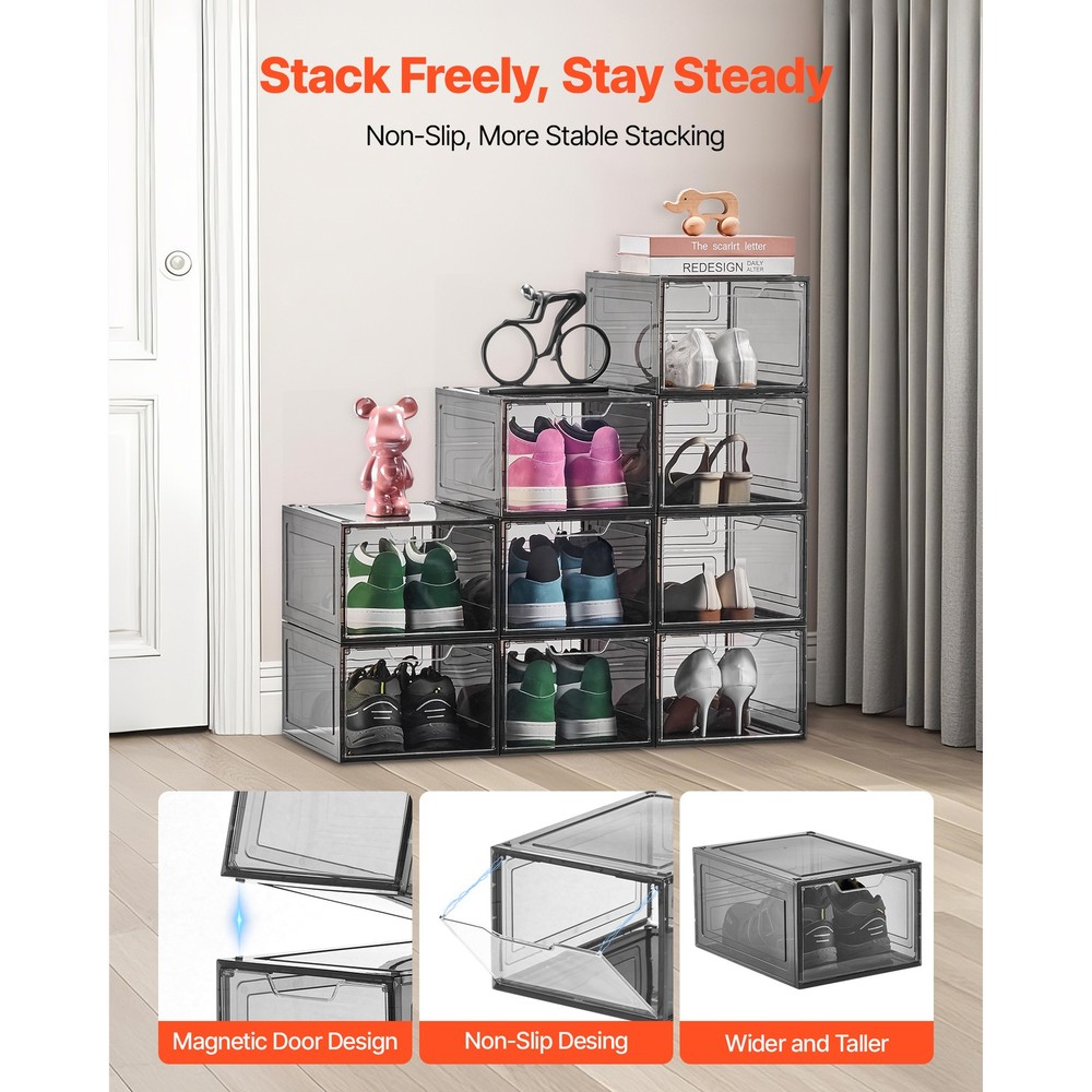 Shoe Storage Boxes 9 Pack Stackable Shoe Boxes US Size 13 Transparent Black