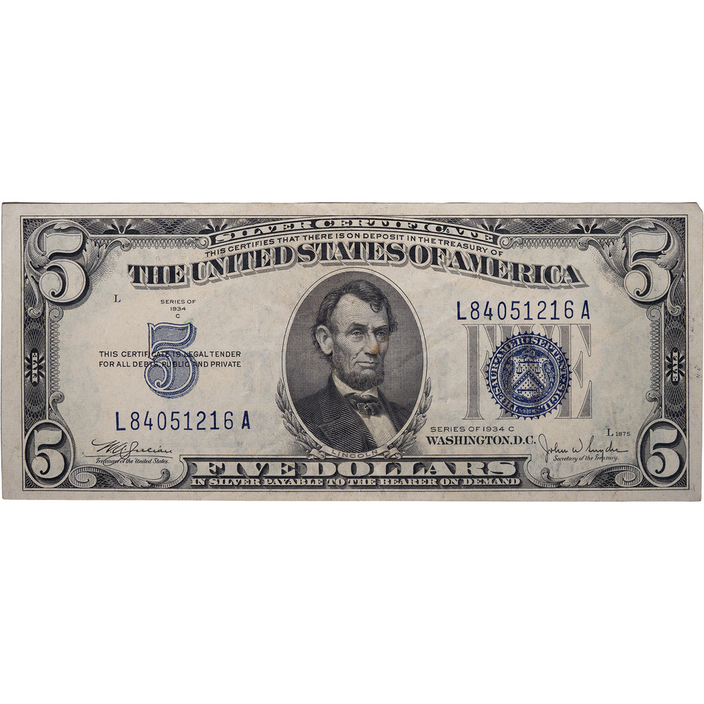1934C $5 Five Dollar Silver Certificate - Blue Seal ~ Circulated - Nice Note