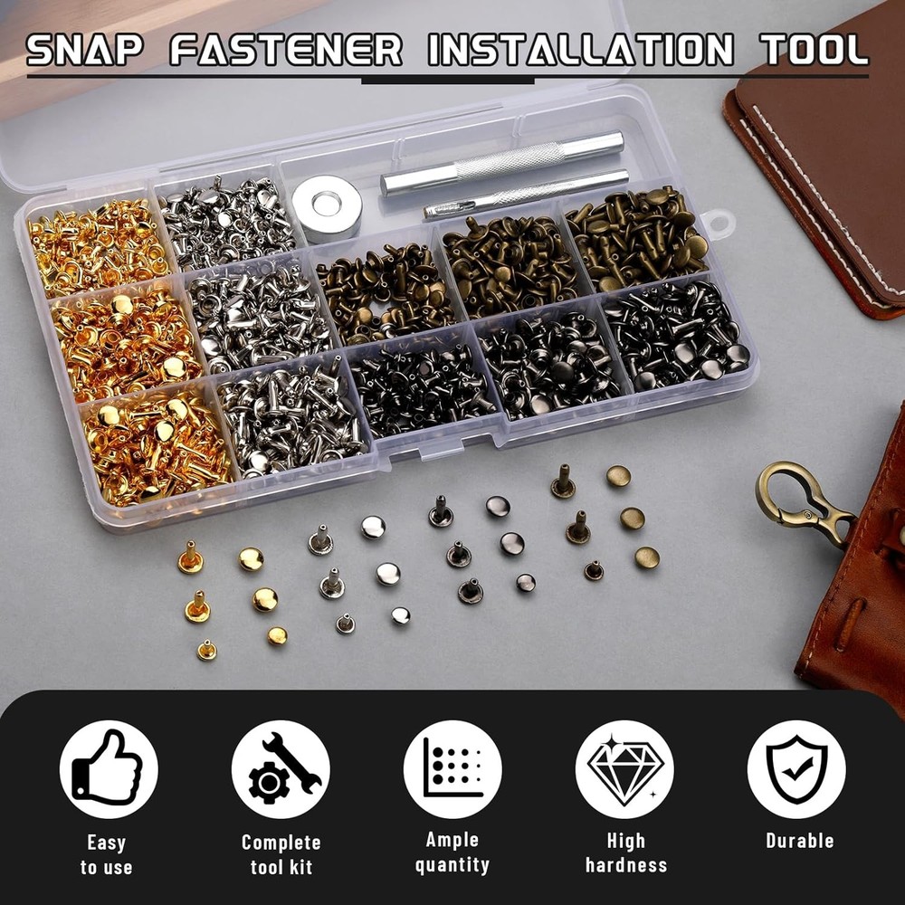 CBHGFEA 540 PCS Leather Rivets, 3 Different Sizes Double Cap Rivets Kit with Lea