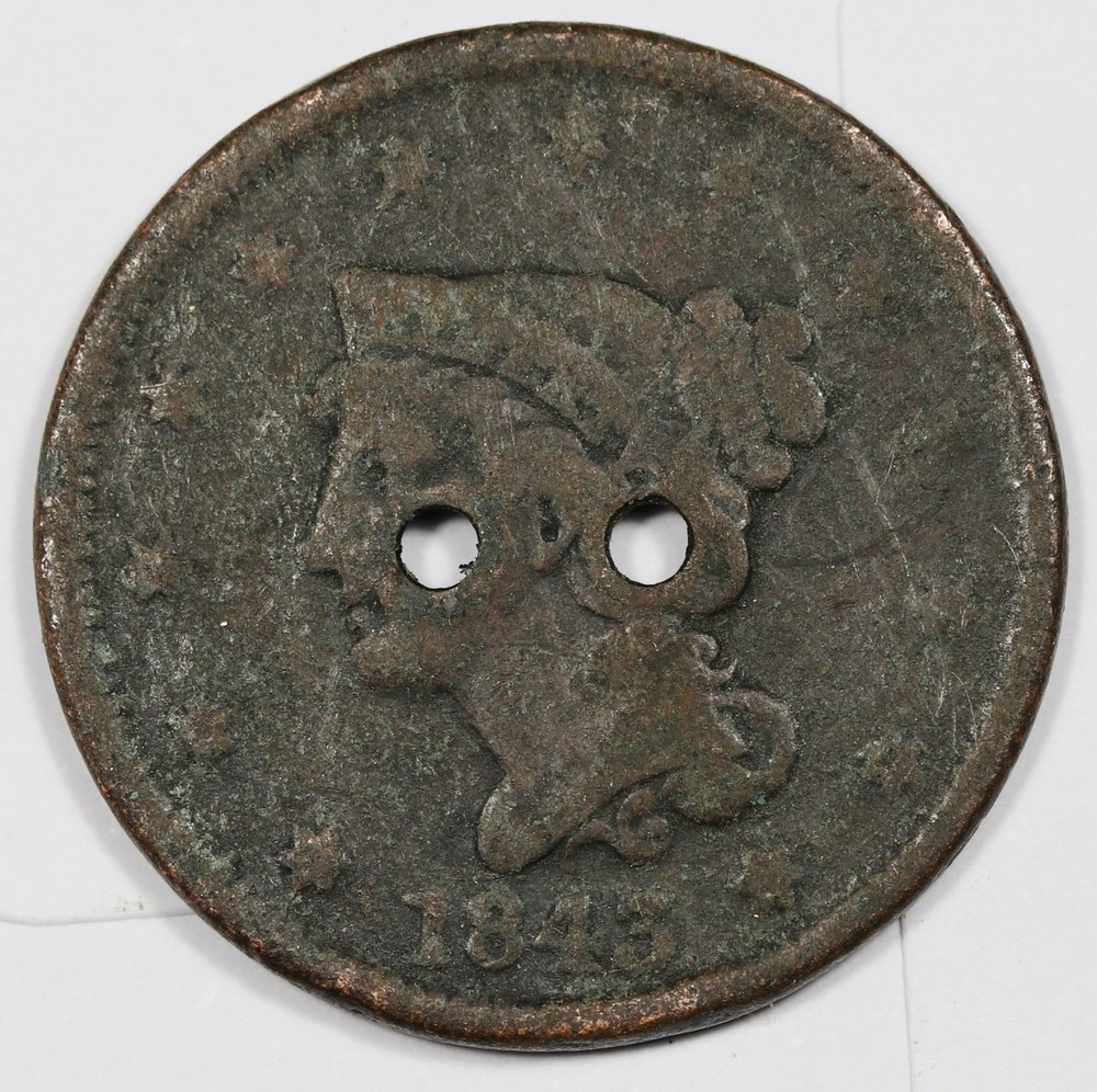 1843 Large Cent.  Double Holed.  212591